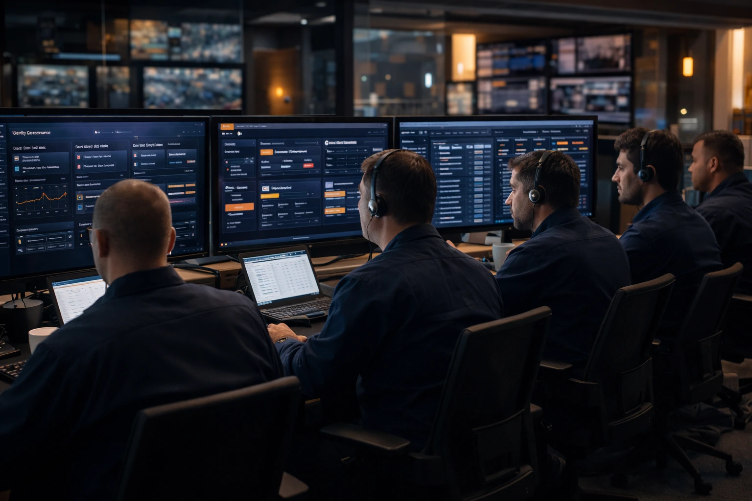 Responsables empresariales y gubernamentales revisando tableros de control de acceso