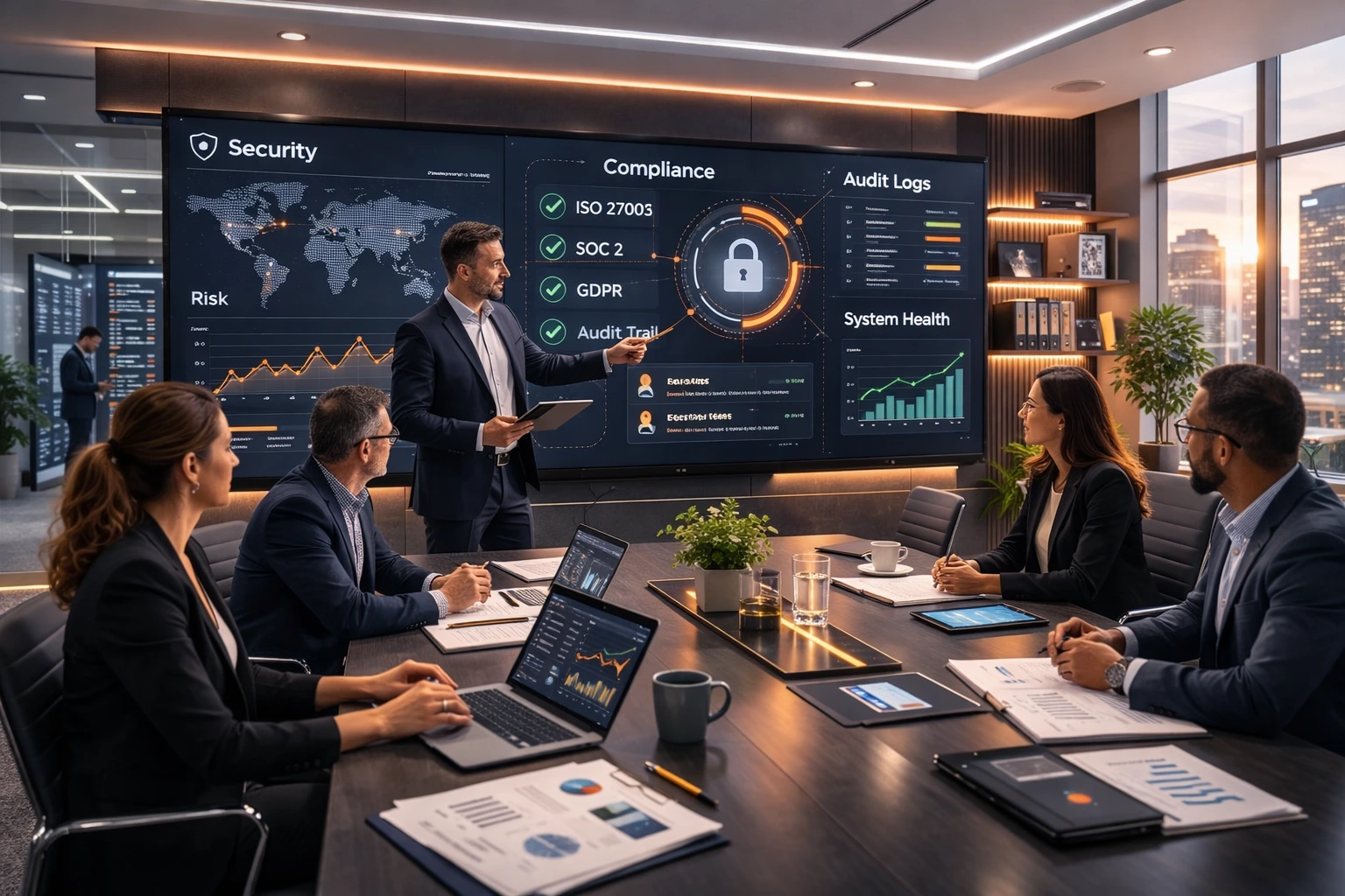 Liderazgo empresarial de seguridad y cumplimiento revisando tableros de control y datos de auditoría
